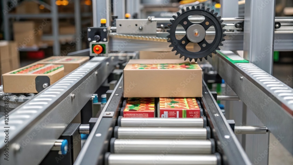 Aufkleber A detailed shot of a mechanical junction where the conveyor belt meets a sorting mechanism depicting the complexity of automation in food logistics.