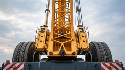 A detailed focus on the counterweights of the mobile crane highlighting their design and placement as it prepares to lift the tower cranes vertical sections.
