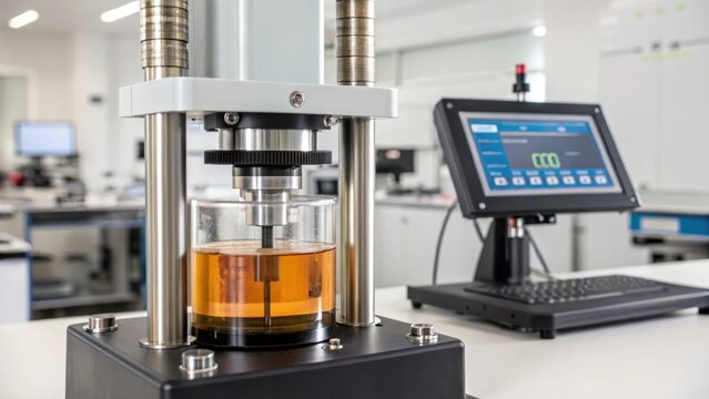 A detailed shot of a liquid rheometer measuring the viscosity of a polymer solution with sensors submerged in the fluid highlighting the precision of material behavior analysis.