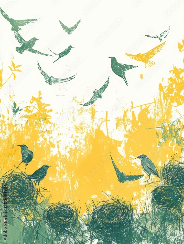Aufkleber colorful illustration of birds and nests in a natural setting during springtime. generative ai