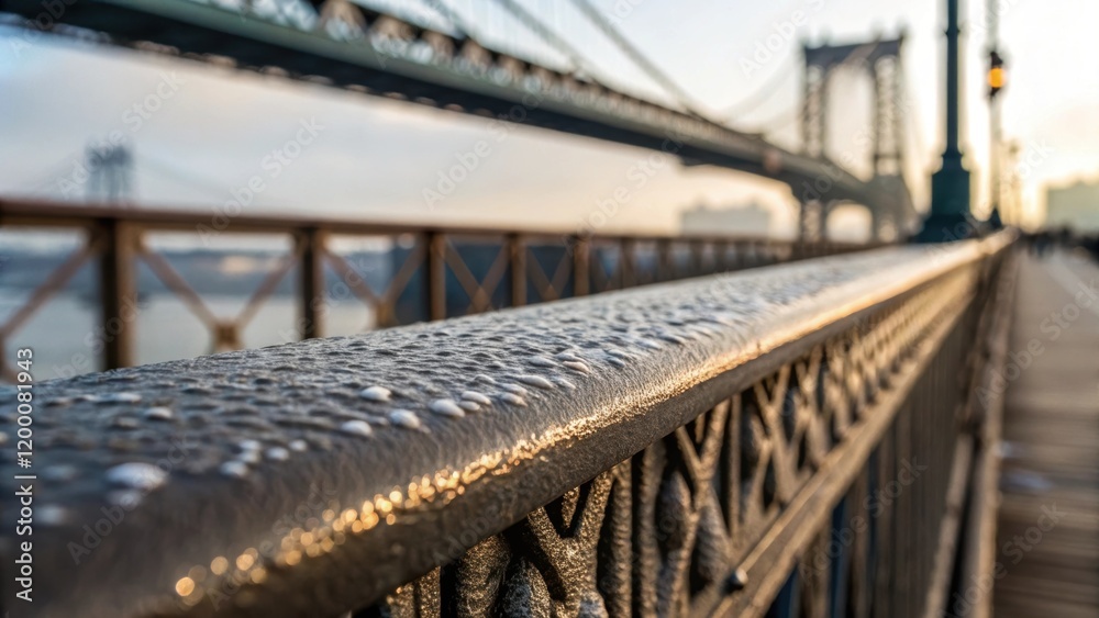 Poster A detailed view of the textured surface of the railing featuring a protective coating set against a blurred background of the bridge structure.