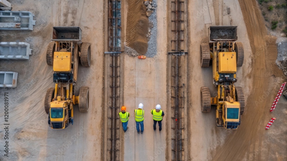 Poster a drone capturing aerial imagery of a construction site focusing on the progress of large machinery 