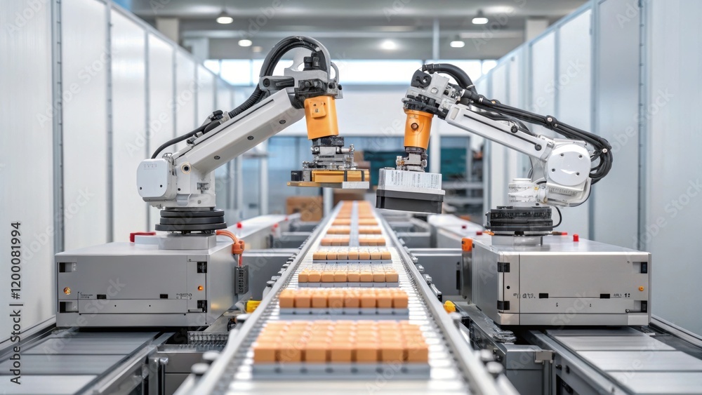 Aufkleber A dynamic shot of a robotic machine performing assembly and packaging simultaneously with a focus on the interplay between various components.