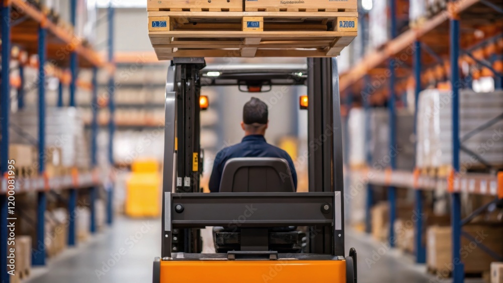 Poster A dynamic medium closeup of a worker operating a forklift to lift a heavy shelf component showcasing the machinerys interaction with the assembly process and the scale of warehouse