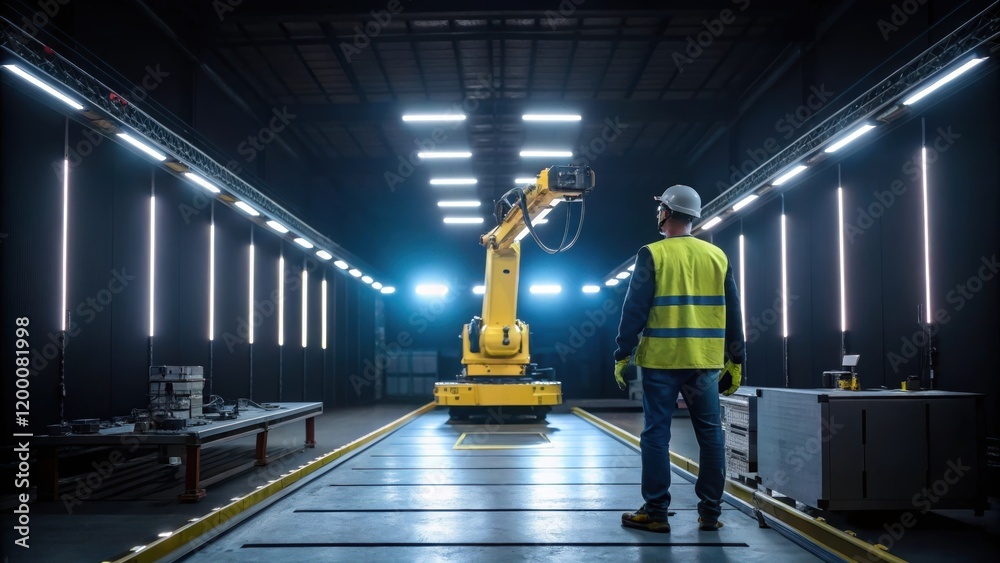 Aufkleber A dynamic shot of a worker guiding a robotic crane highlighting the interaction between human operators and technology with overhead lights illuminating the workspace.