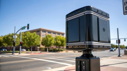 A detailed view of the sleek modern case of a traffic monitoring unit with a clear sky in the background reflecting a commitment to urban infrastructure.
