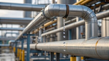 A drone surveying a chemical plant capturing a closeup of a leaking pipe with droplets highlighted against the backdrop of complex industrial piping.