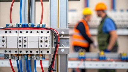 A detail shot of intricate connections between panels with tools and workers slightly blurred in the background drawing attention to the engineering precision required.