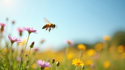 Single bee hovering over colorful blooming flowers under a clear blue sky, capturing the essence of nature and pollination
