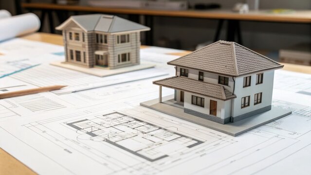 A detail shot of small scale models of the building p beside the blueprints showcasing the tangible representation of the designs being discussed.