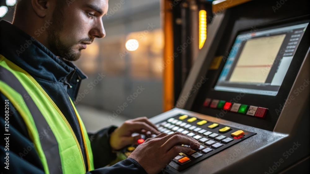 Poster A focused worker programming the control interface of a palletizing machine with a closeup view of their hands typing on a touchscreen surrounded by illuminated buttons.