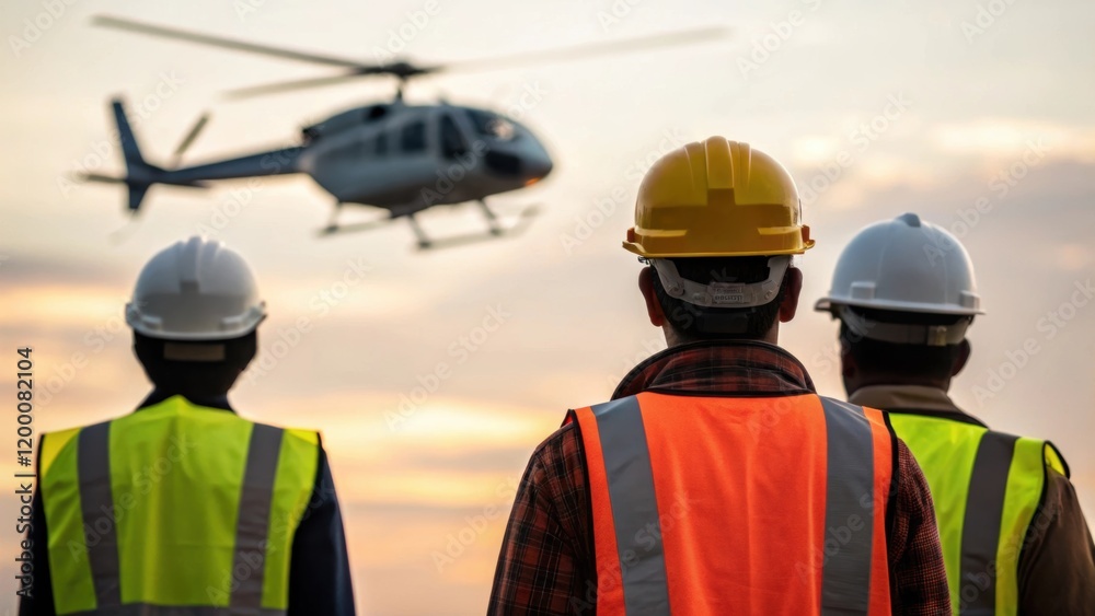 Poster a focused shot of safety gear including hard hats and reflective vests worn by workers silhouetted a