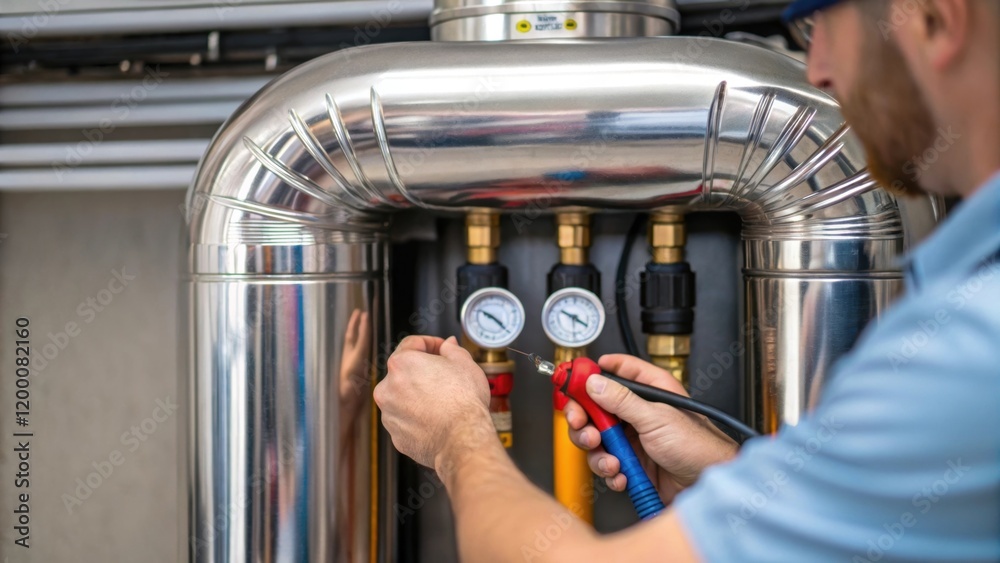 Aufkleber a handson view of a technician checking fluid levels in the geothermal heat pump with the shiny meta