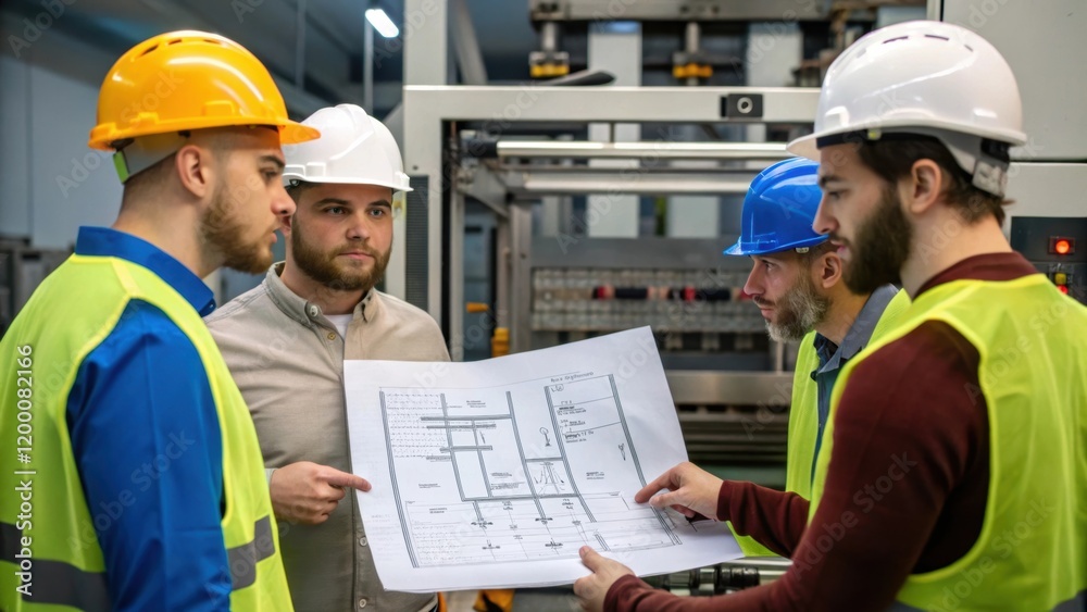 Poster A group of engineers in discussion examining a blueprint of the packaging line with various components and machinery partially visible behind them.