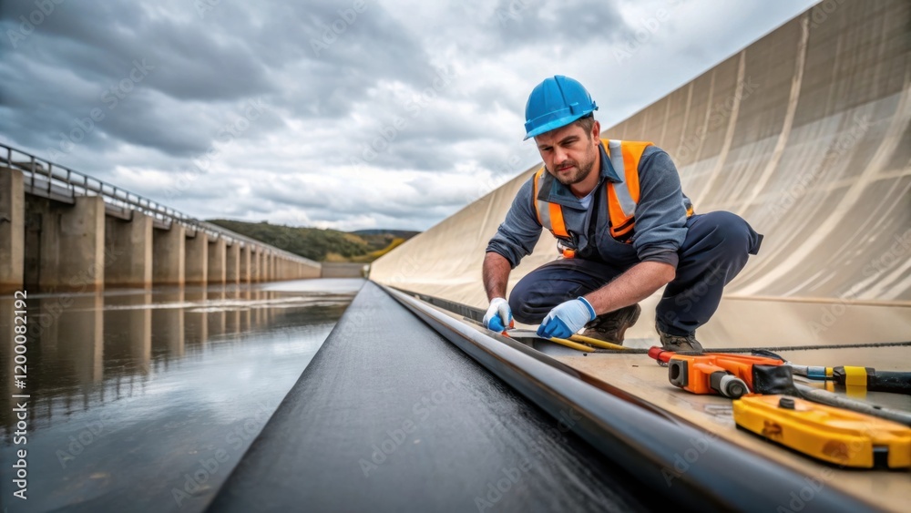 Poster a maintenance worker applies a waterproof sealant to a joint on the dam illustrating the precision n
