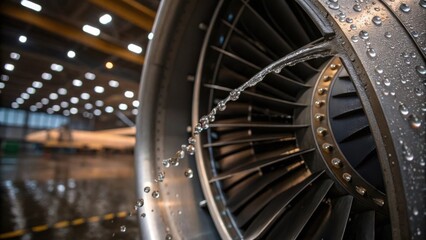 A focused shot of water droplets cascading from an open turbine cover highlighting the metal sheen and the engineering beneath while reflecting the surrounding industrial