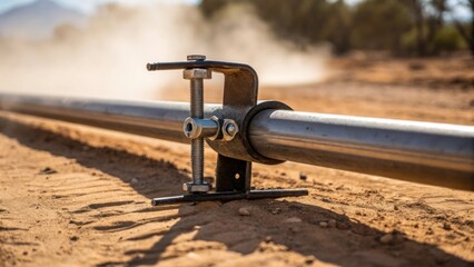A handson view of a welding clamp securing a pipe the glistening metal contrasting with the dusty unpaved ground nearby emphasizing the remote working conditions.