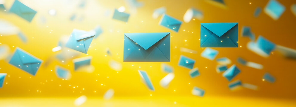 Floating blue envelopes on a vibrant yellow background symbolize modern email marketing and efficient communication in the digital age