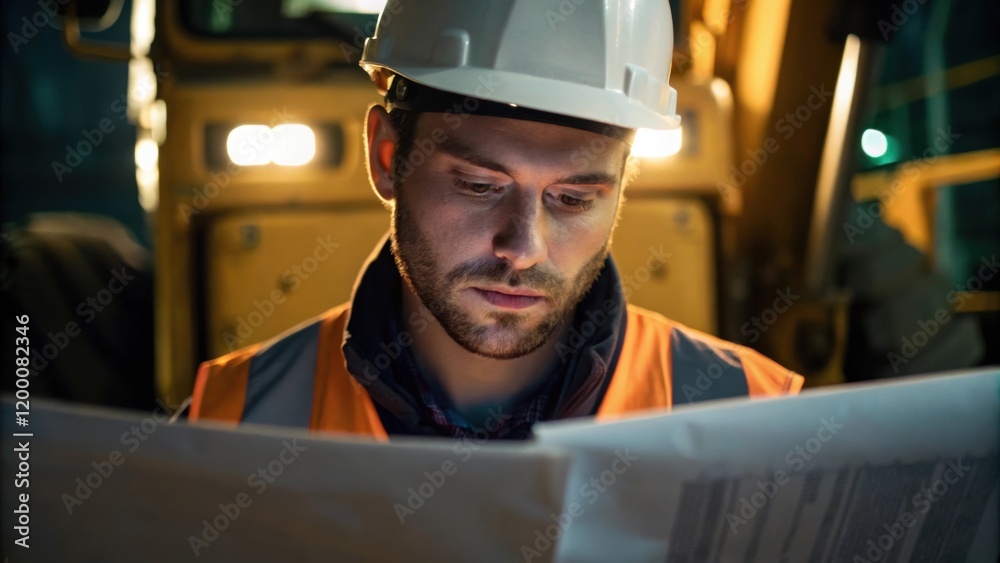 Poster A medium closeup capturing a workers face illuminated by the glow of machinery with a look of concentration while reading blueprints for repairs.