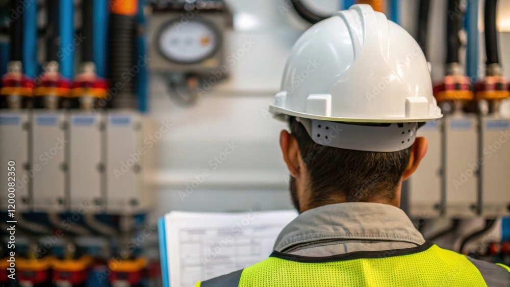 Poster A medium closeup capturing a safety helmet on a workers head with their focused gaze directed towards a complex array of equipment as they review installation instructions.