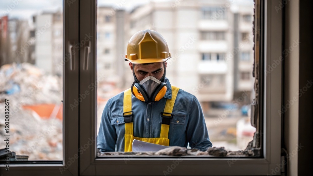 Aufkleber A medium closeup capturing a robust worker inspecting processed rubble for debris integrity with partially deconstructed buildings visible through a nearby window.