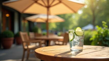 Refreshing glass of cucumber-infused water on a wooden table at an outdoor cafe under a large umbrella