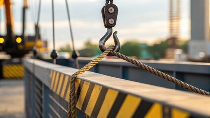 A medium closeup capturing the cranes hook lifting a barrier into place focusing on the tension of the ropes and the strength of the machinery in action.
