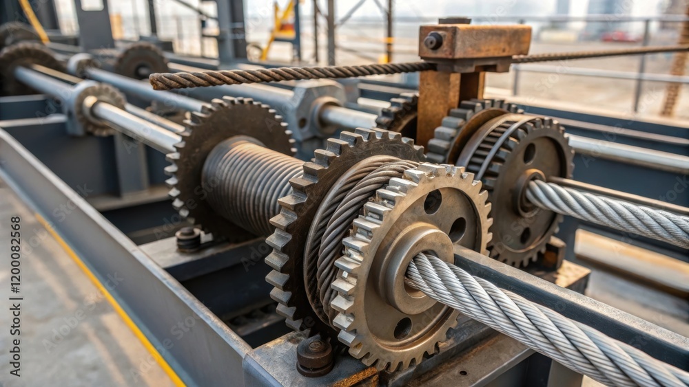 Poster A medium closeup displaying intricate machinery with gears and cables used for hoisting steel girders into place focusing on the mechanical complexity of the production setup.