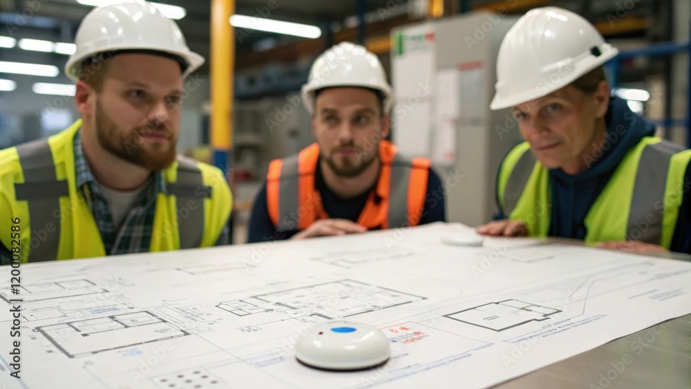 Poster A medium closeup featuring a team of workers discussing the installation of smart sensors with a blueprint of the factory layout spread across a table in front of them.