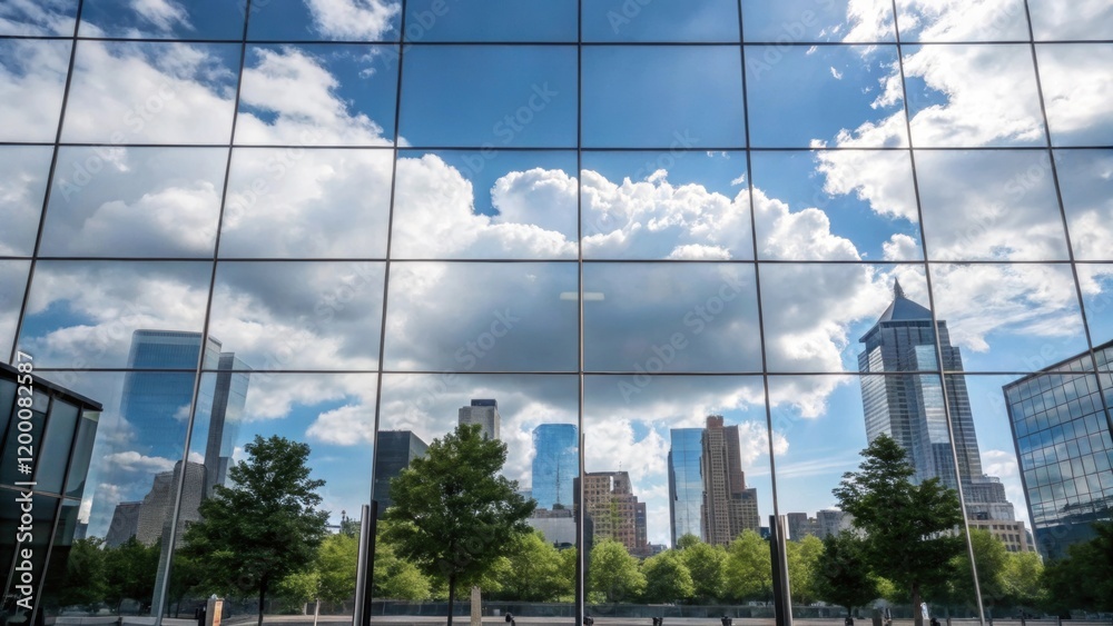 Poster A medium closeup depicting the reflection of clouds in the glass facade creating a harmonious blend of architecture and nature in the urban landscape.