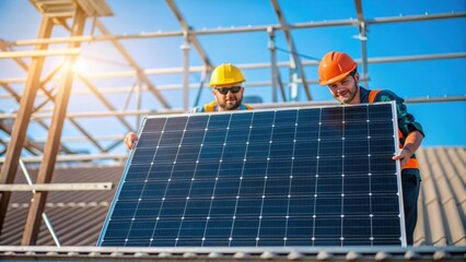 A medium closeup capturing the installation of a large solar panel on the substations roof workers teaming up against a backdrop of scaffolding and sky.
