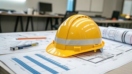 A medium closeup depicting a safety helmet adorned with reflective tape resting on top of plans for substation layout surrounded by blueprints and technical drawings.