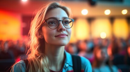 Young woman attentively listening in brightly lit lecture or conference hall