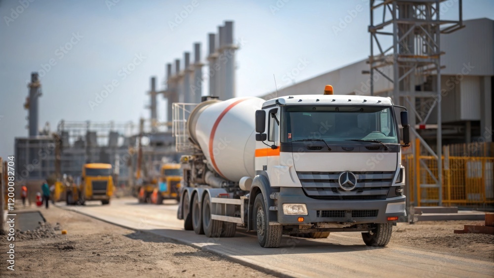 Poster a medium closeup image of a concrete truck unloading materials near a modular power station site hig