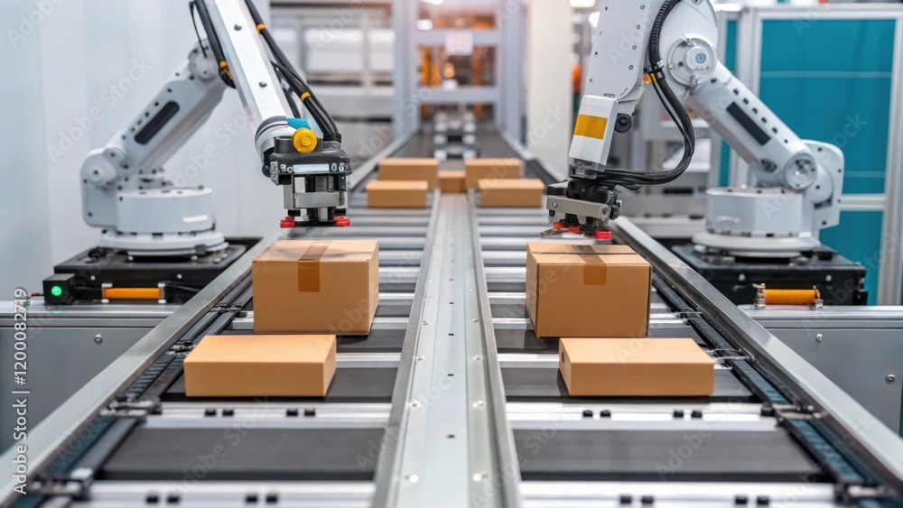 Aufkleber A medium closeup image of a robotic conveyor system with parts being automatically sorted and transported emphasizing the integration of automation in logistics.