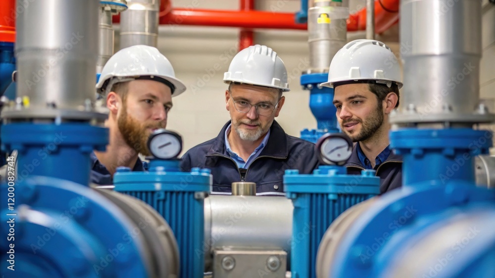 Poster a medium closeup featuring a team of engineers discussing the pumps performance surrounded by pipes 