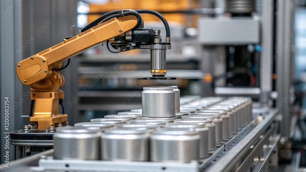 Poster A medium closeup focusing on a robotic arm carefully maneuvering containers of raw materials to the mixing system emphasizing automation in action.