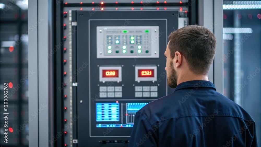 Leinwandbilder A medium closeup image of an engineer examining a digital panel of a fire alarm system highlighting the illuminated buttons and diagnostic displays in a hightech control room.