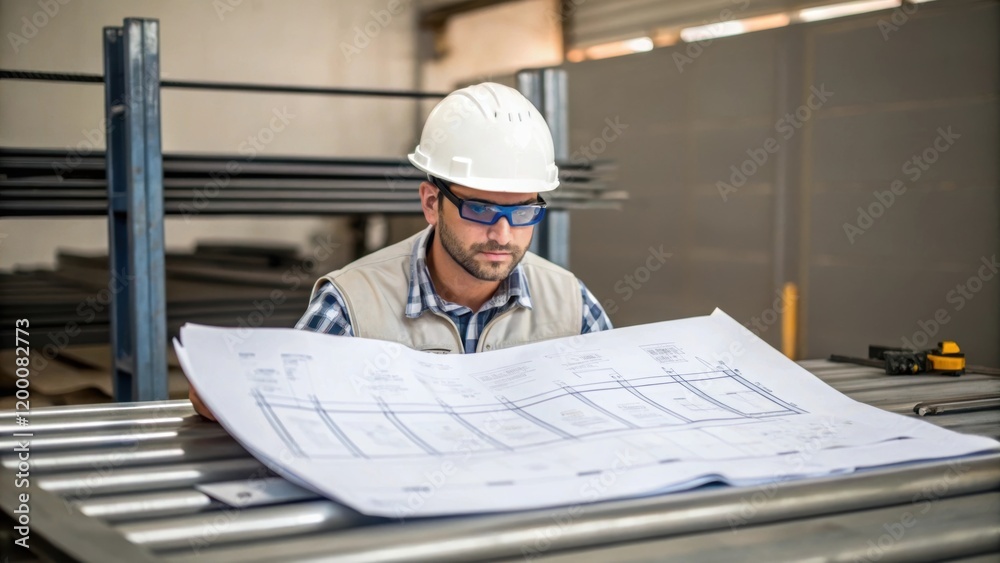 Poster a medium closeup highlighting a worker in a hard hat and safety glasses reviewing installation bluep