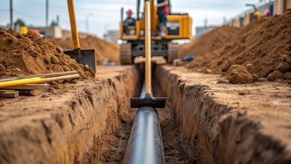 A medium closeup image of a trench being backfilled with a worker using a shovel to compact the soil over the newly laid pipeline surrounded by equipment and tools.