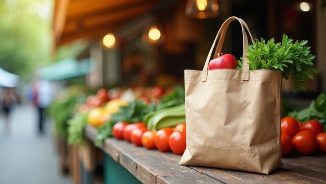 Stylish reusable shopping tote on rustic market stall filled with fresh groceries and a bright red apple