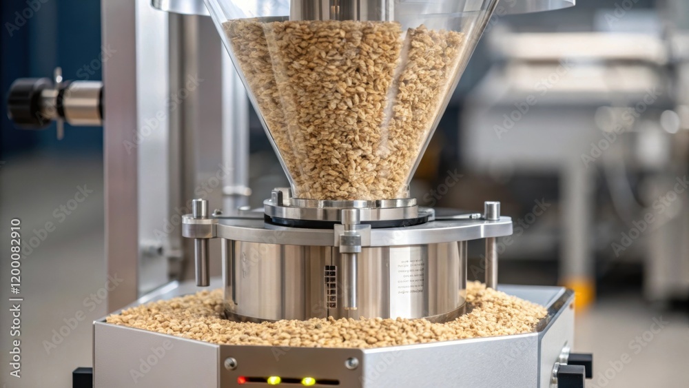 Poster A medium closeup of a bulk product feeder showcasing grains flowing into the packaging machine with intricate mechanisms controlling the flow rate and portion sizes.