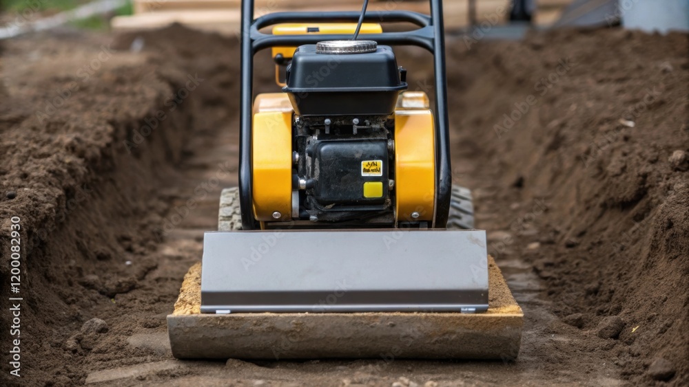 Poster A medium closeup of a compact y plate compactor its vibrating base pressed against the newly backfilled soil ensuring stability after utility installation.