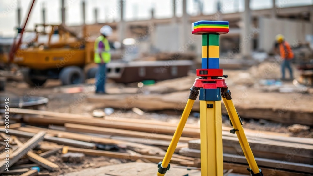 Poster a medium closeup of a colorful surveyors marker within a chaotic construction site surrounded by too