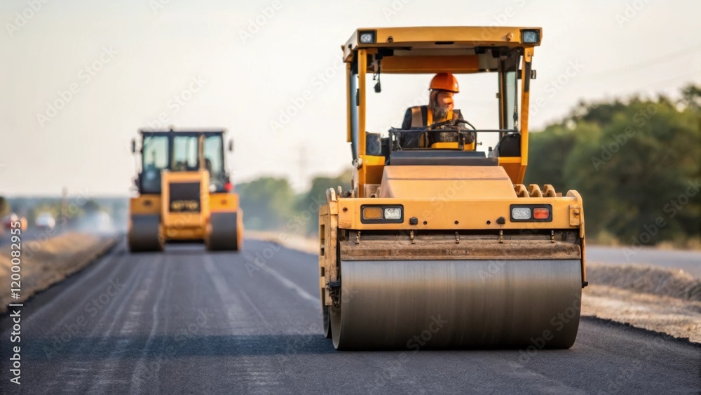 Poster A medium closeup of a compacting machine working alongside the grader with the operator visibly engaging with the machinery showcasing teamwork in road preparation.