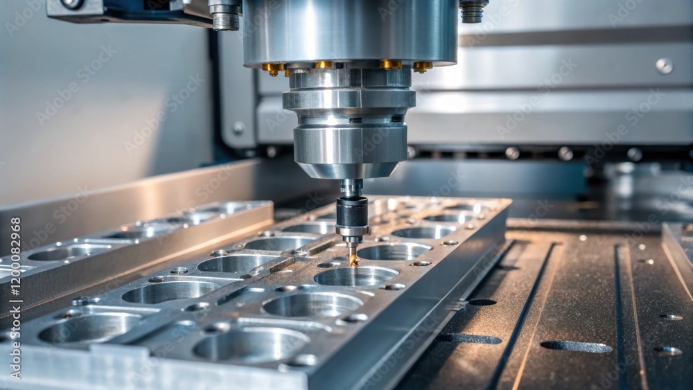 Poster A medium closeup of a CNC machine in action with metal parts slowly being shaped and carved highlighting the meticulous process of manufacturing electronic housings.