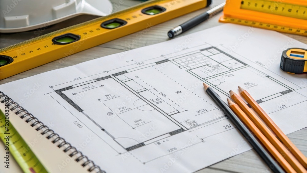Aufkleber A medium closeup of a construction blueprint and tools laid out on a workbench illustrating the planning stage of the barrier installation process with annotations visible.