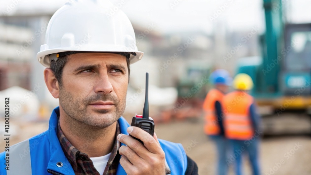Poster a medium closeup of a construction foreman communicating through a walkietalkie with a blurred backg