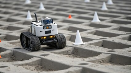 A medium closeup of a cleaning robot traversing a complex terrain showcasing its ability to navigate obstacles with precision as it climbs over a small bump.