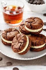 Chocolate sandwich cookies, brownie biscuits with  cream cheese filling.